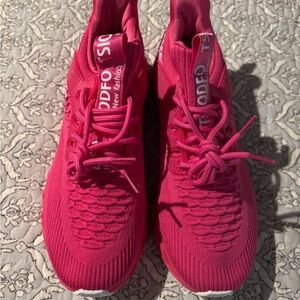 Knit Lace-Up Athletic Sneakers in Hot Pink